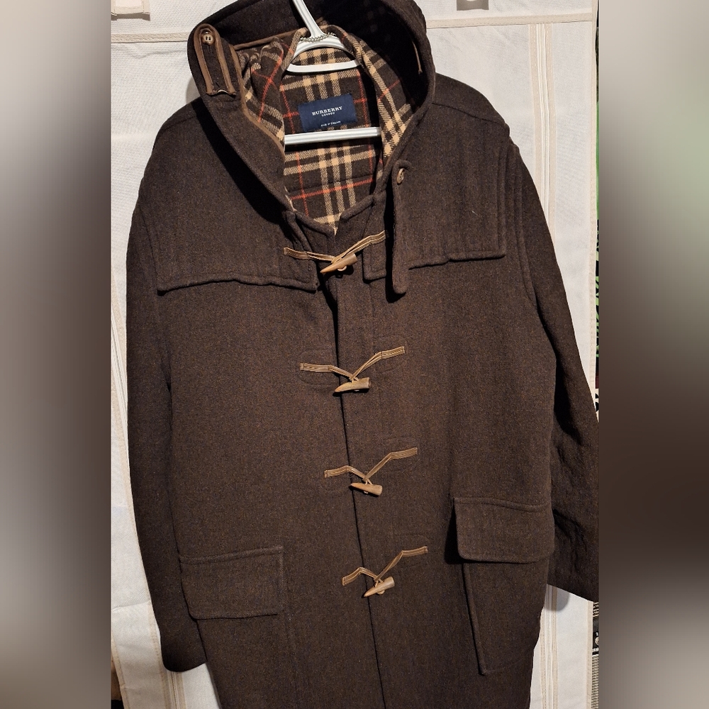 Burberry Dark Brown Wool Duffle Coat with Plaid Lining Mens Size 52 XXL